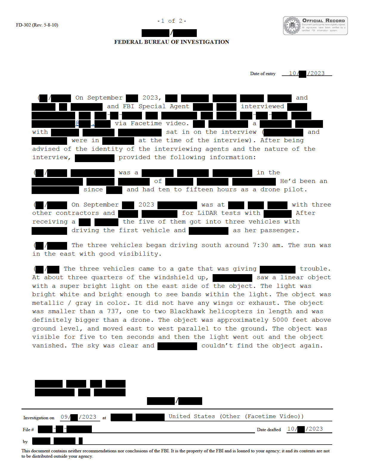 FBIが記録した2023年9月のUAP目撃証言──米国実験場の上空に現れた“翼のない灰色の物体”