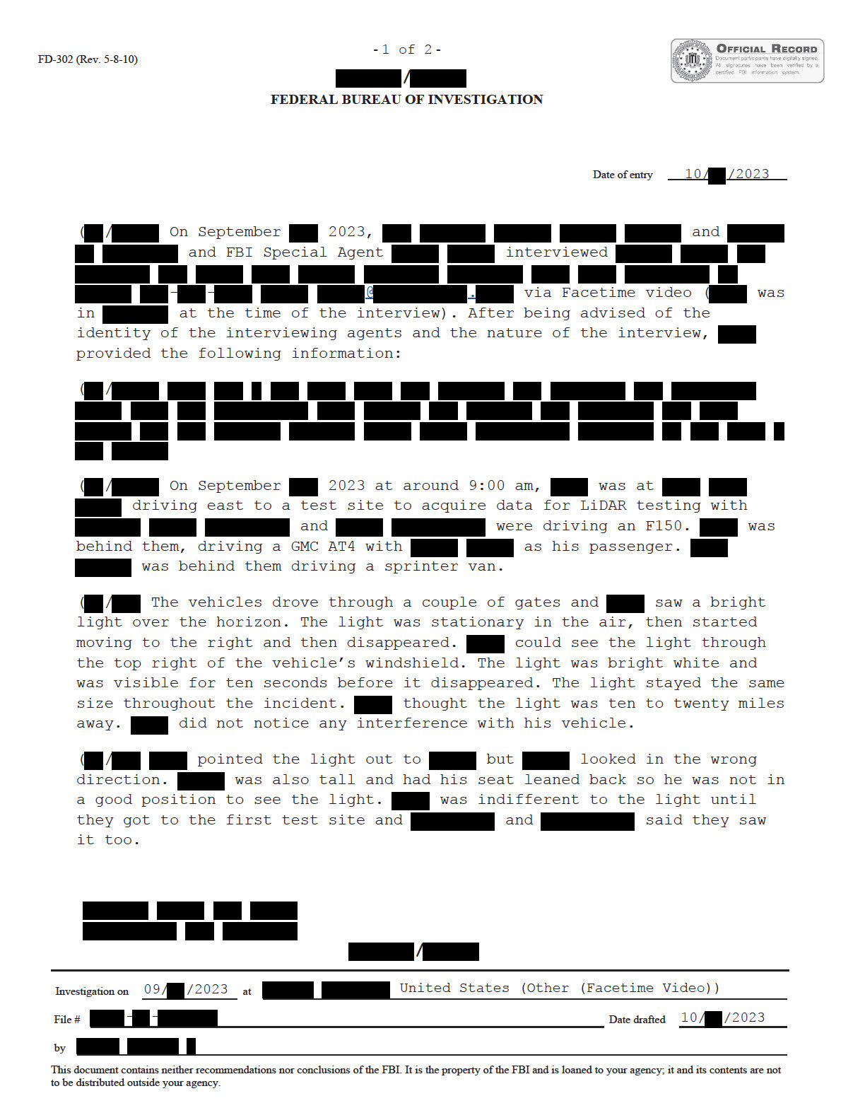 FBIが記録した2023年9月のUAP目撃証言──テストサイトへ向かう車列が見た“地平線上の白い光”